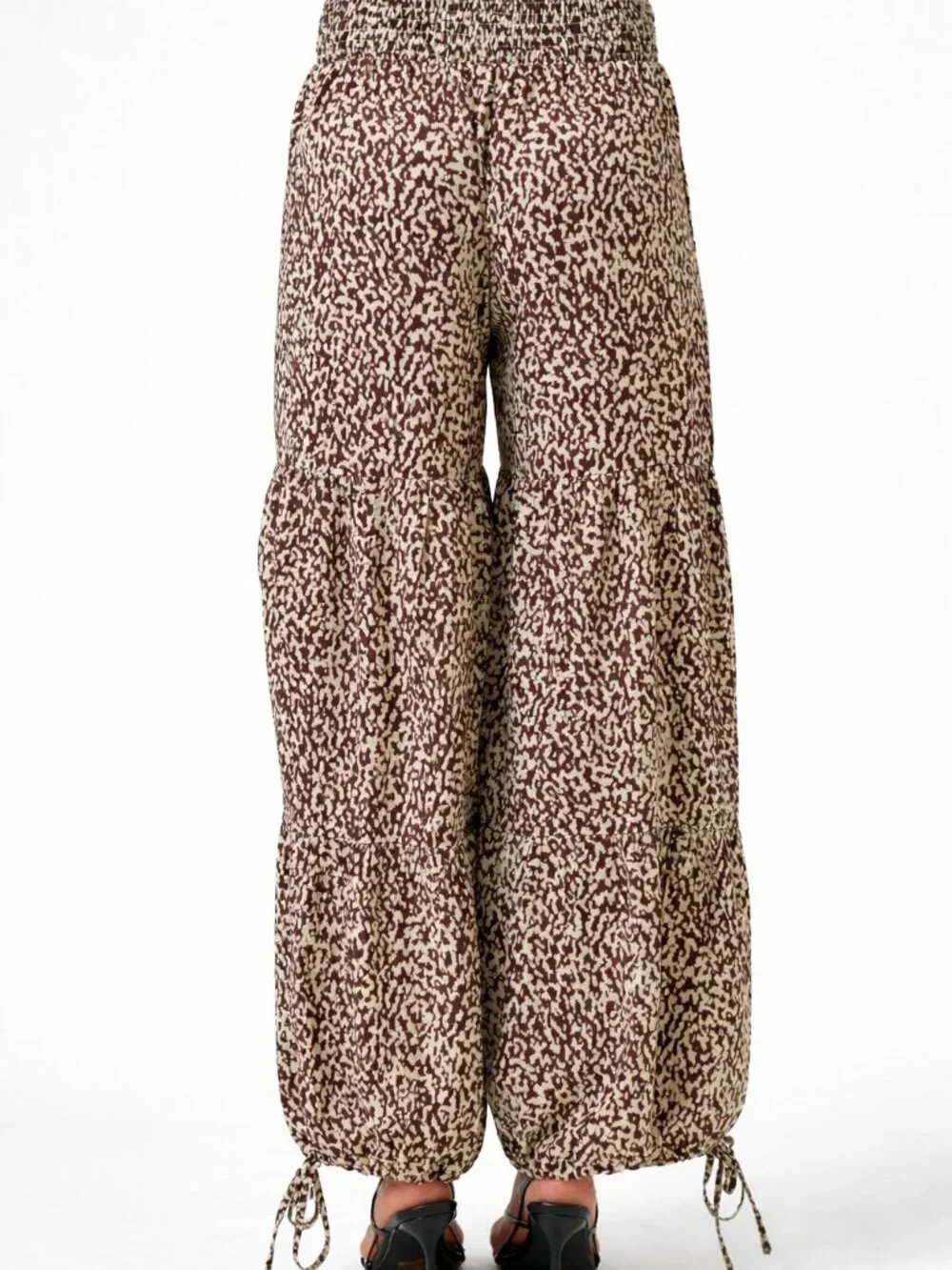 Light Breezy Airy Extreme Flare Leg Palazzo All Over Print Tiered Jogger Pants - Picture 5 of 11